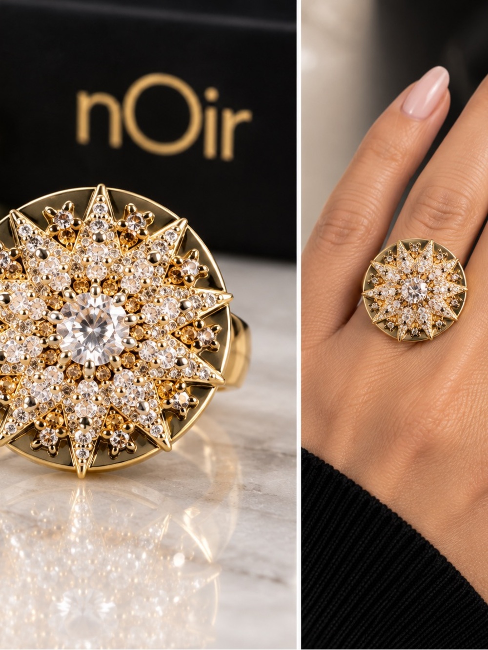 nOir NYC Jewelry Crystal Starburst Statement Cocktail Ring Gold Size 5.5